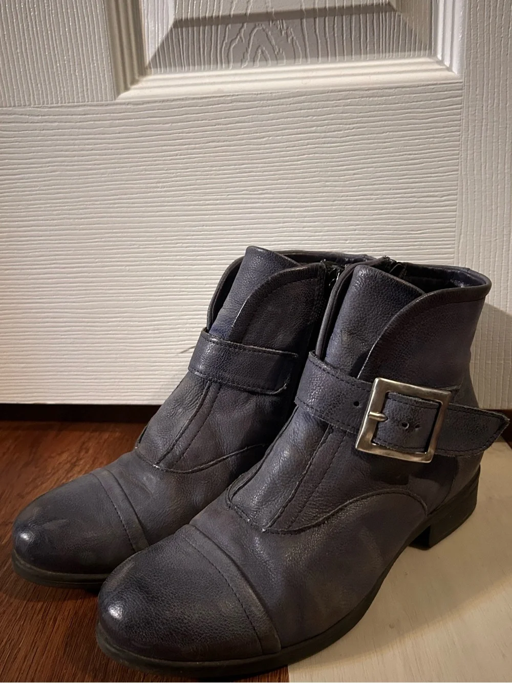 Miz Mooz Distressed Leather Buckled Ankle Boots Siggy River Blue Size EU Wide 37